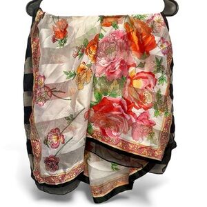 Vintage Floral Scarf/Wrap with Red and Orange Blooms